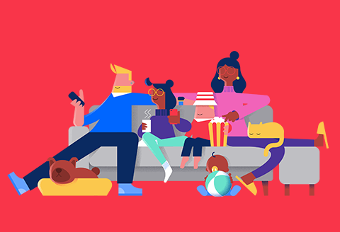 Illustration of a family of 5, their cat and dog, watching TV out of shot.)